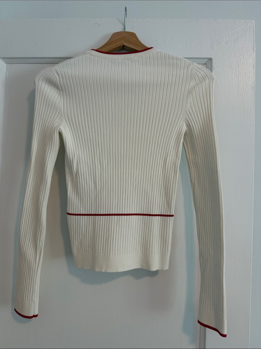 Valentino Cream Ribbed Long-Sleeve Top with Red Trim - Picture 2 of 2